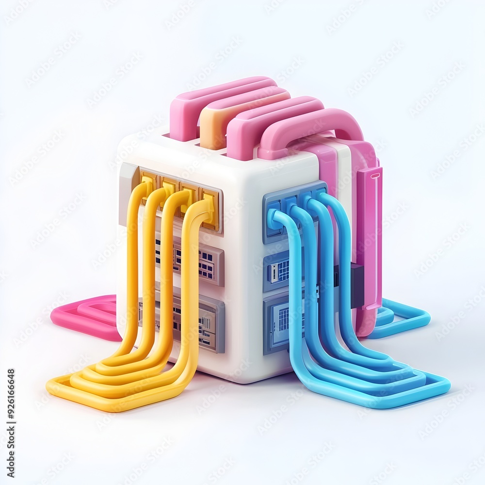Vibrant 3D Cartoon Network Hub Surrounded with Connected Cables and IT Equipment Isolated on White Background Vibrant 3D Cartoon Network Hub Surrounded with Connected Cables and IT Equipment Isolated on White Background