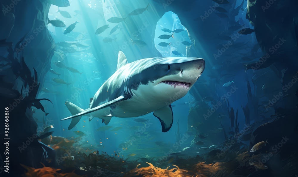 Obraz premium An illustration of a friendly shark swimming through an underwater cave