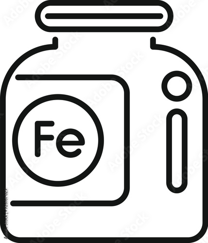 Sport nutrition container with iron fe element sign representing iron supplement for increasing strength and muscle mass