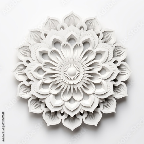 Minimalistic mandala artwork. A beautifully crafted white paper sculpture resembling a floral mandala. The intricate layers and patterns create a stunning three-dimensional.