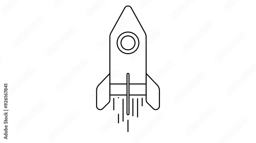 Animated black rocket is drawn. Linear symbol. Concept of startup, investment, progress, speed. Looped video. Line vector illustration isolated on white background. Animated black rocket is drawn. Linear symbol. Concept of startup, investment, progress, speed. Looped video. Line vector illustration isolated on white background.