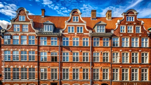 Red brick façade with white windows adorns a historic building in Copenhagen, Denmark, showcasing traditional Scandinavian architecture in a vibrant urban setting.