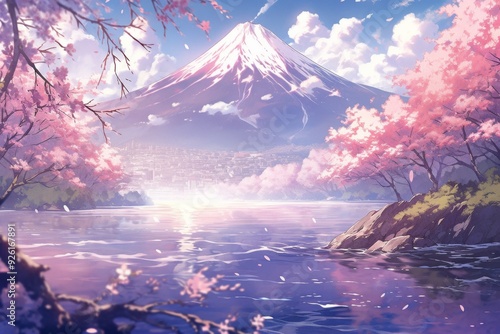 Enchanting Japanese Anime Landscape Wallpaper: Awash in Pink Cherry Blossoms and the Majestic Mount Fuji in the Background, storybook illustrations, comic strips, book illustrations and picture books photo