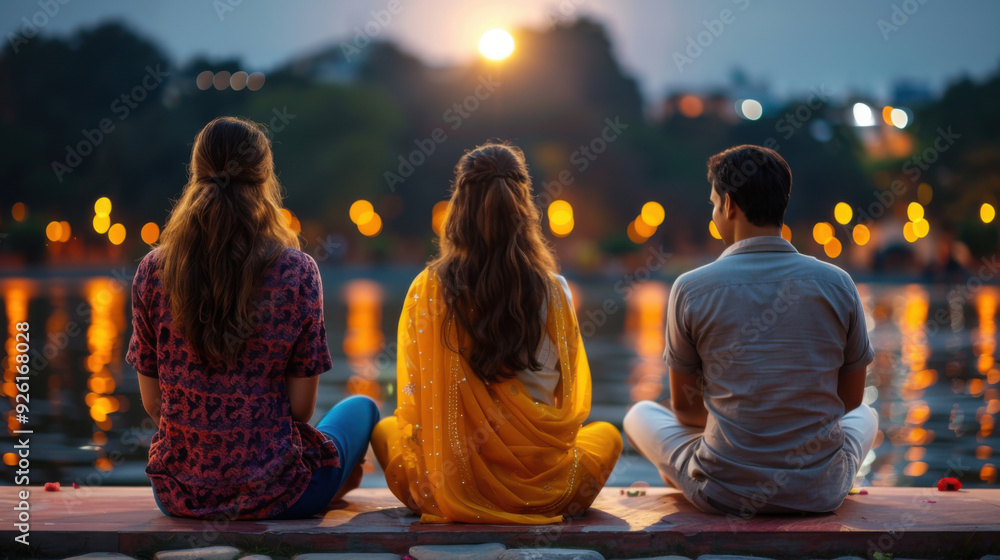 Three friends, one in a yellow dress, sit by a tranquil lake at sunset, enjoying the peaceful evening together. Three friends, one in a yellow dress, sit by a tranquil lake at sunset, enjoying the peaceful evening together.