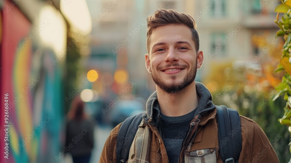 Smiling Man with a Backpack in the City Smiling Man with a Backpack in the City