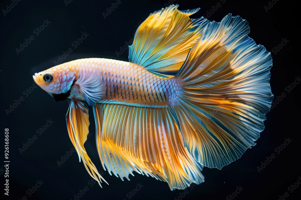 Fototapeta premium Close-up of a colorful Siamese fighting fish with vibrant orange and blue fins against a dark background.