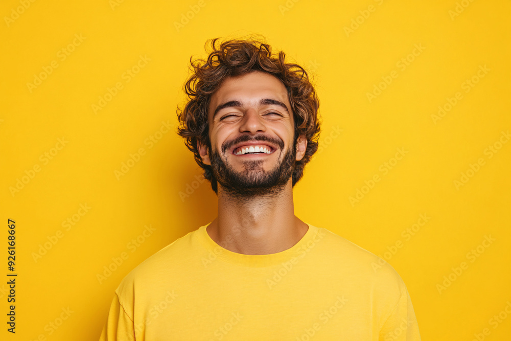 A handsome man in yellow clothes laughing and smiling against a bright solid yellow background. Suitable for fashion, lifestyle, and summer-themed content. A handsome man in yellow clothes laughing and smiling against a bright solid yellow background. Suitable for fashion, lifestyle, and summer-themed content.