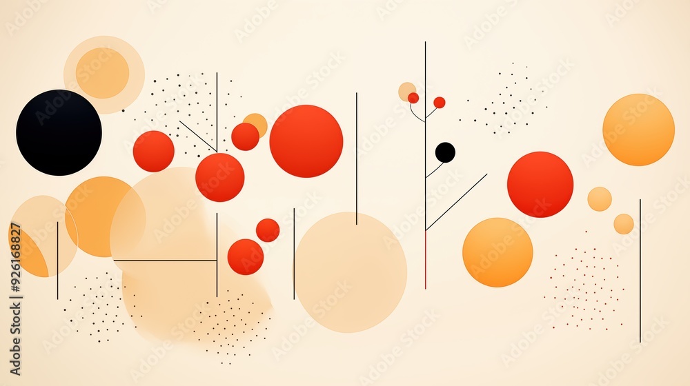 Minimalist background. An abstract design featuring a variety of circles and geometric shapes in warm colors like red, orange, and black against a light beige background. Minimalist background. An abstract design featuring a variety of circles and geometric shapes in warm colors like red, orange, and black against a light beige background.