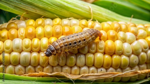 Infested corn cob with corn borer caterpillar, a destructive agricultural pest, causing damage and spoilage to crops, highlighting the importance of pest management and disease control. photo