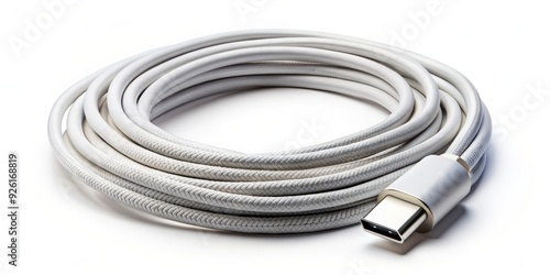 A solitary, modern, and sleek Type-C cable lies horizontally on a pristine, purely white background, showcasing its reversible plug and sturdy cord.