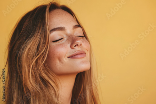 A close up of a woman's face with her eyes closed and long blond hair photo