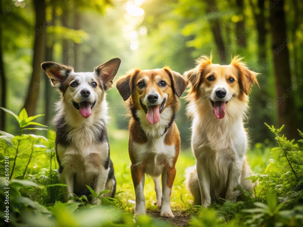 A trio of adorable rescued dogs, formerly abandoned, now thrive in a lush green sanctuary, enjoying freedom and care, their wagging tails tell a tale of hope. A trio of adorable rescued dogs, formerly abandoned, now thrive in a lush green sanctuary, enjoying freedom and care, their wagging tails tell a tale of hope.