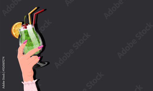 A hand with pink nails is holding a green cocktail drink with an orange slice, cherry, and straws on a dark background. Concept of a refreshing drink. Vector illustration