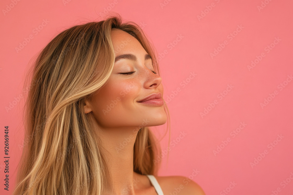A close up of a woman's face with her eyes closed and long blond hair A close up of a woman's face with her eyes closed and long blond hair
