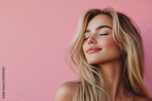 A close up of a woman's face with her eyes closed and long blond hair