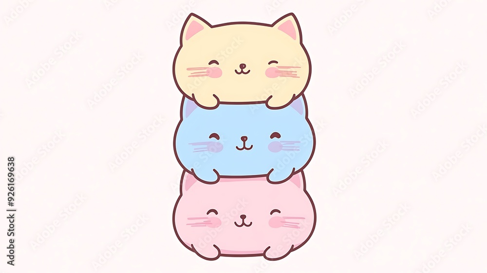 Playful Kawaii Cartoon Illustration of Three Stacked Cats in Pastel Colors with Bold Outlines on Solid Background Playful Kawaii Cartoon Illustration of Three Stacked Cats in Pastel Colors with Bold Outlines on Solid Background