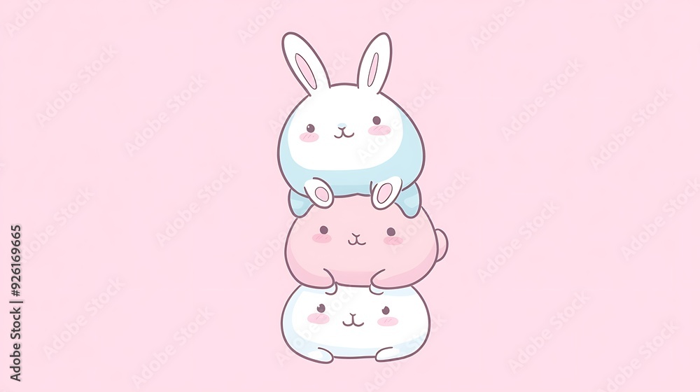Adorable Fluffy Bunny Stack - Kawaii Simple Cartoon Illustration in Pastel Tones with Bold Outlines on Solid Background Adorable Fluffy Bunny Stack - Kawaii Simple Cartoon Illustration in Pastel Tones with Bold Outlines on Solid Background
