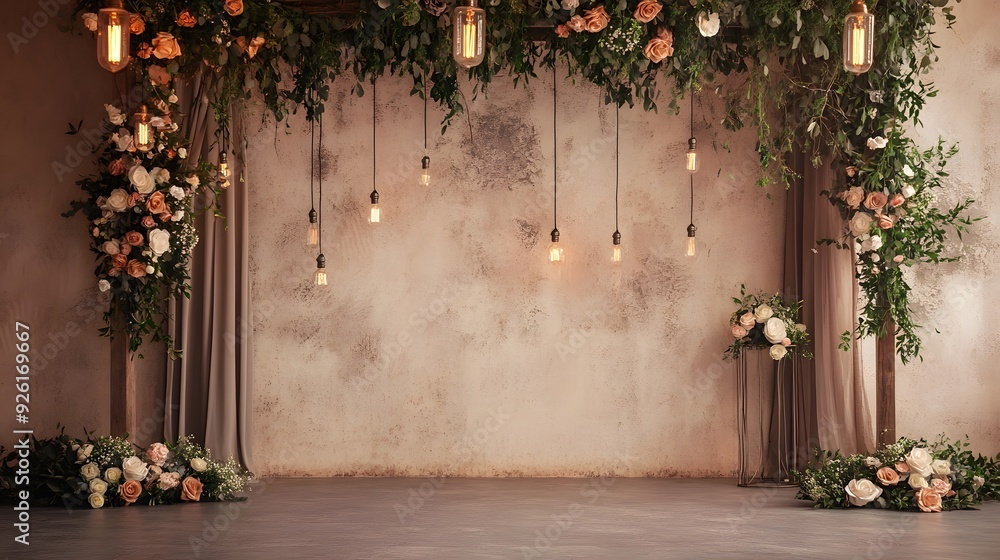 Wedding backdrop with flowers, presenting a warm and lovely sense. Wedding backdrop with flowers, presenting a warm and lovely sense.