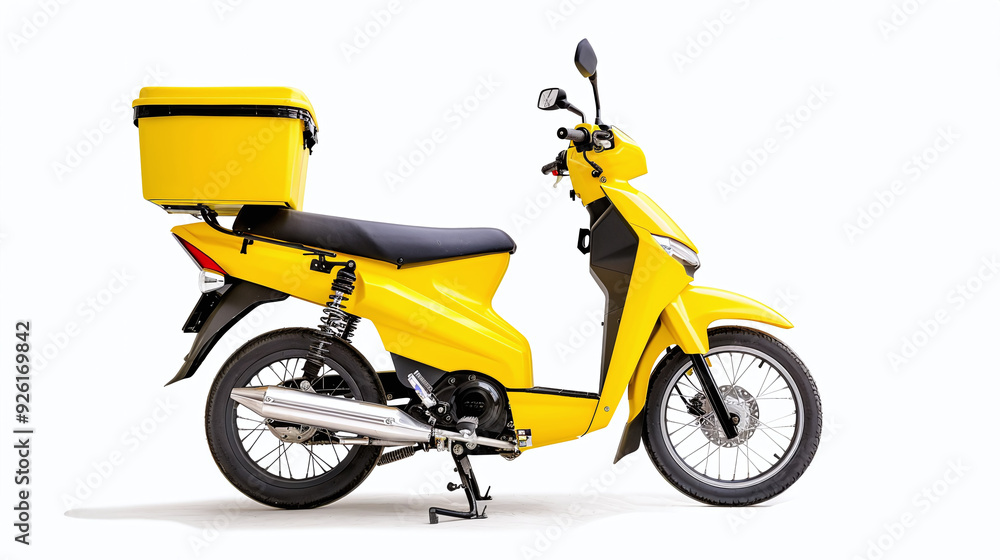 side view of a bright yellow delivery motorcycle, isolated on a white background side view of a bright yellow delivery motorcycle, isolated on a white background