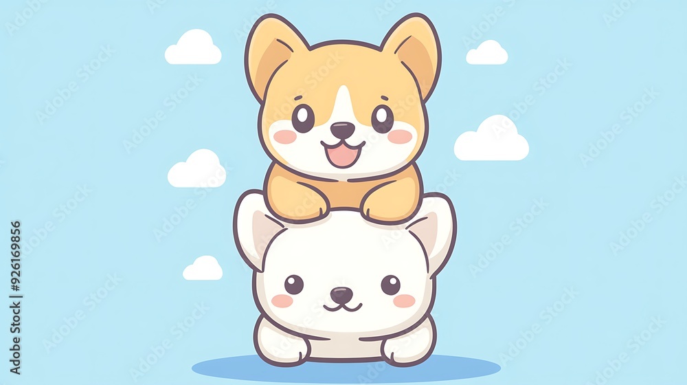 Adorable Stack of Playful Puppies - Kawaii Simple Cartoon Illustration with Pastel Colors and Bold Outlines on Solid Background Adorable Stack of Playful Puppies - Kawaii Simple Cartoon Illustration with Pastel Colors and Bold Outlines on Solid Background