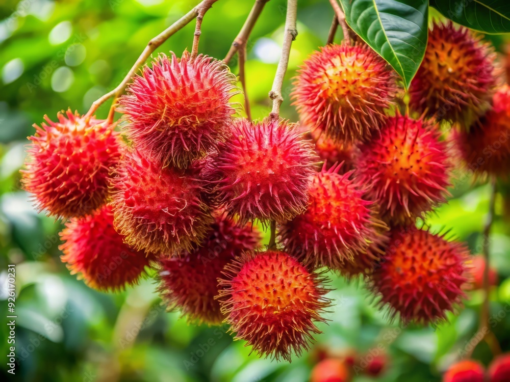 Vibrant red rambutan fruits hang in clusters from tree branches, showcasing their hairy, red skin and sweet, white pulp, perfect for tropical illustrations. Vibrant red rambutan fruits hang in clusters from tree branches, showcasing their hairy, red skin and sweet, white pulp, perfect for tropical illustrations.