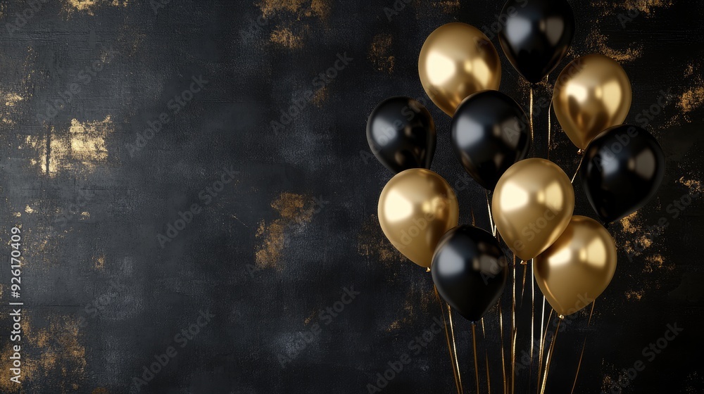 Elegant arrangement of gold and black balloons floating in a celebratory setting, with a wide-open area for personalized text or event information. Elegant arrangement of gold and black balloons floating in a celebratory setting, with a wide-open area for personalized text or event information.
