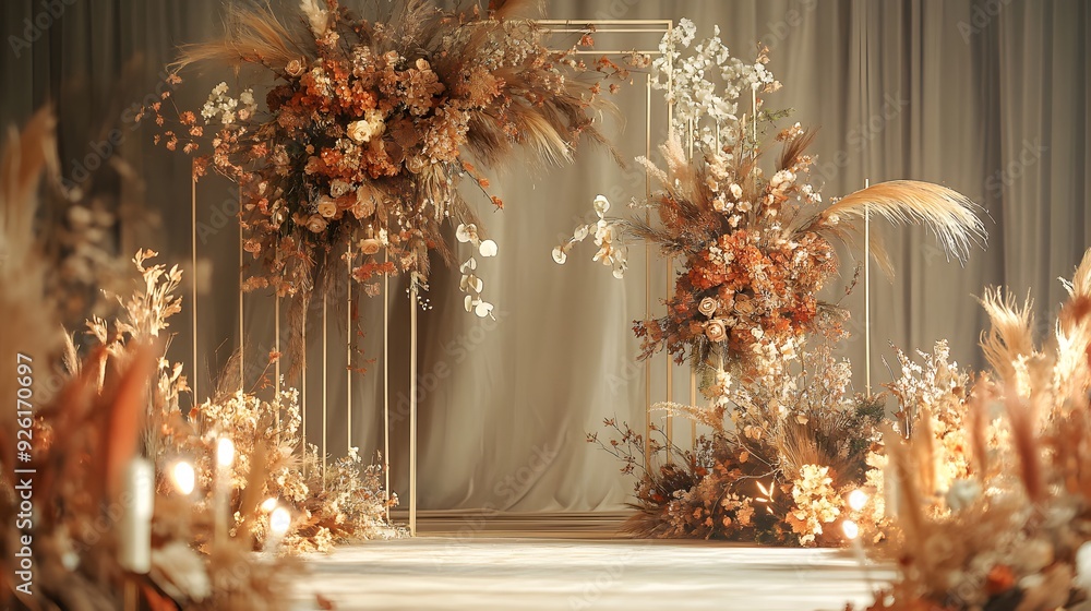 Wedding backdrop with flowers, presenting a warm and lovely sense. Wedding backdrop with flowers, presenting a warm and lovely sense.