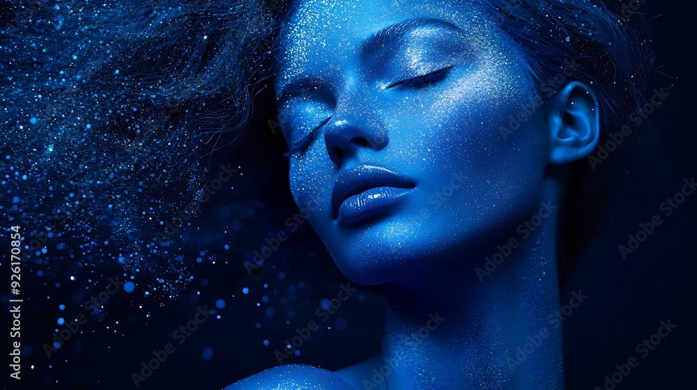 Fototapeta premium Mystical Elegance: Portrait of a Woman with Flowing Water Hair and Silver Specks on Face