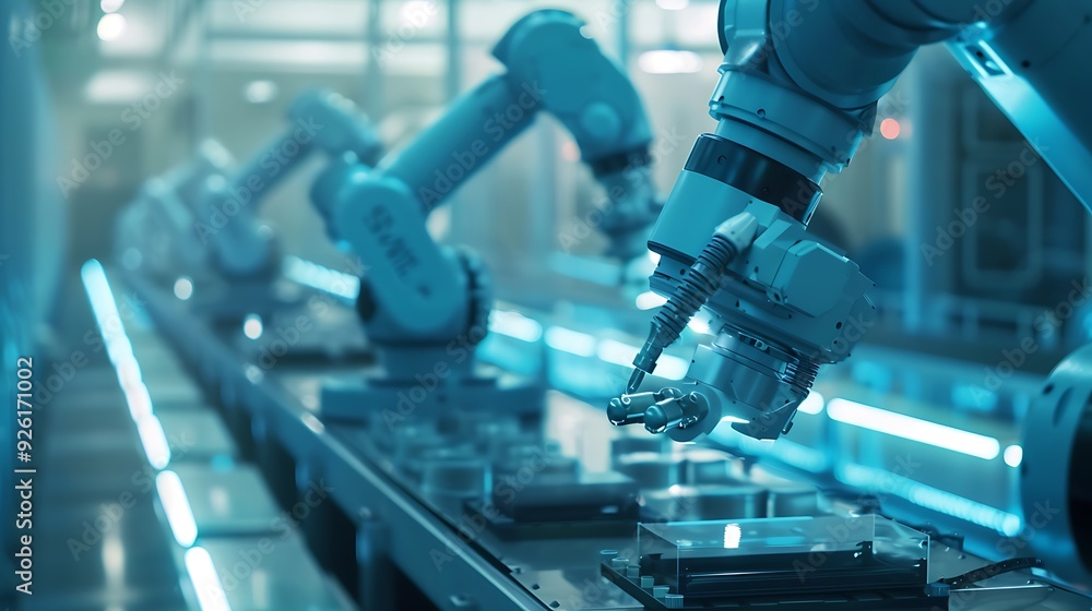 Close-up of a robotic arm in a factory setting. Close-up of a robotic arm in a factory setting.