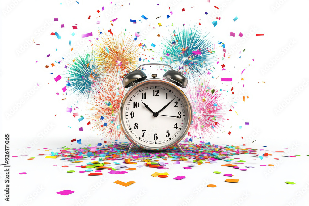 Alarm clock striking midnight surrounded by colorful confetti and fireworks, symbolizing a festive New Year's celebration Alarm clock striking midnight surrounded by colorful confetti and fireworks, symbolizing a festive New Year's celebration