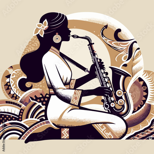 A woman playing a saxophone in a drawing