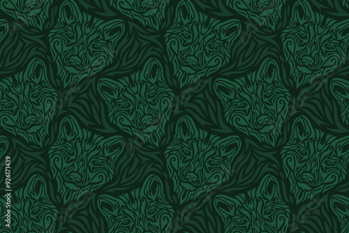 Hand drawn green seamless pattern with wolf head