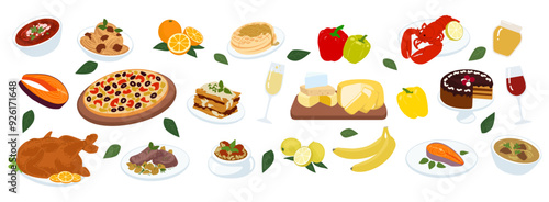 Food delicious. Cooked dinner. Tasty pizza. Champagne wineglass. Lobster and turkey. Breakfast dish. Coffee cup. Thanksgiving holiday table. Cheese snack. Meal restaurant feast. Vector meal plates set