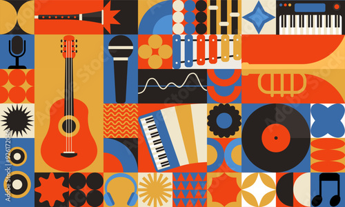 Geometric guitar, microphone and piano. Bauhaus pattern geometry background, banner abstract design. Vintage art music, party retro wave. Poster graphic template. Party Invitation. Vector illustration