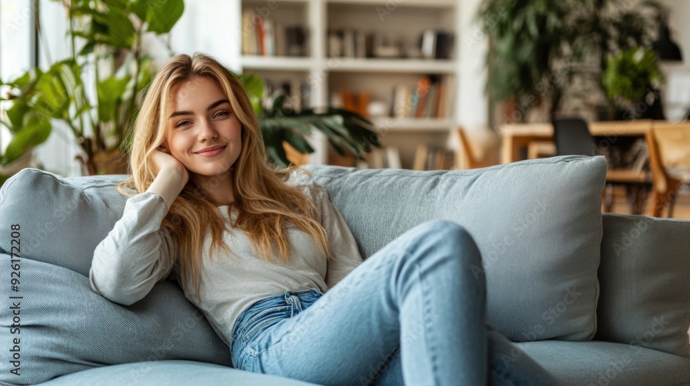 A woman sitting on a couch smiling at the camera, AI A woman sitting on a couch smiling at the camera, AI