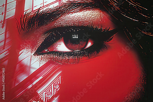 Close-up of a stylized eye with bold red and black tones in a futuristic design photo