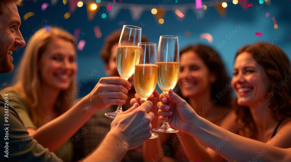 A joyful group of friends clinks champagne glasses together under festive lights, celebrating a special moment with laughter and cheer. A joyful group of friends clinks champagne glasses together under festive lights, celebrating a special moment with laughter and cheer.