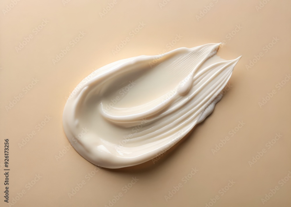 Creamy white cosmetic smear on a soft beige background, a smooth and textured swipe of luxurious face or body lotion, conveying pampering and self-care. Creamy white cosmetic smear on a soft beige background, a smooth and textured swipe of luxurious face or body lotion, conveying pampering and self-care.