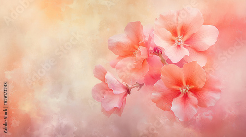 Delicate pink flowers blooming against a soft pastel background in springtime