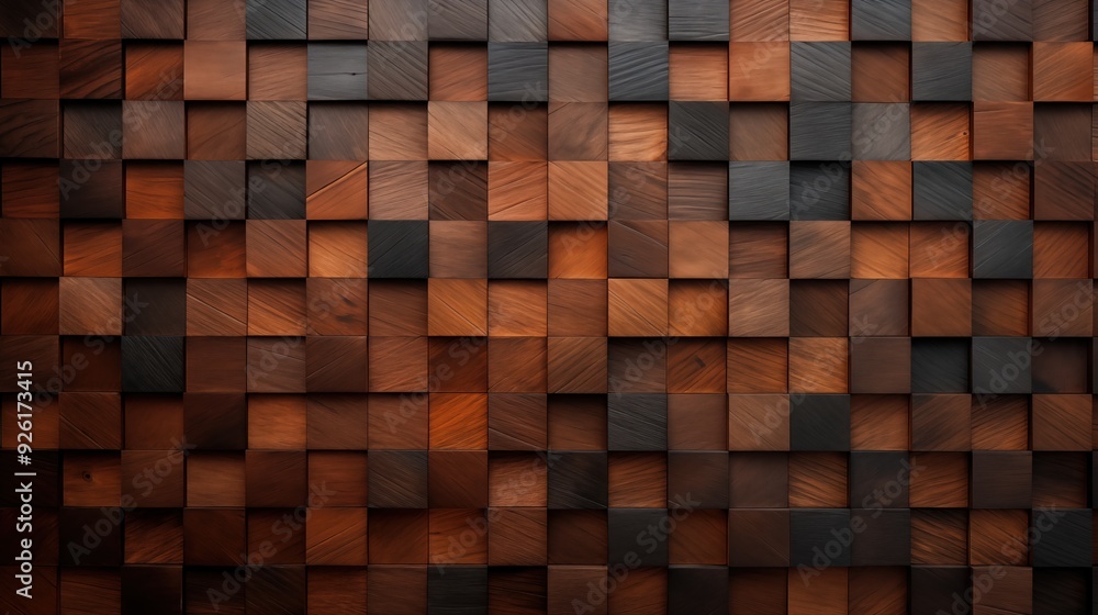 A textured wall made of wooden squares in various shades of brown and black, creating a modern and artistic pattern. A textured wall made of wooden squares in various shades of brown and black, creating a modern and artistic pattern.