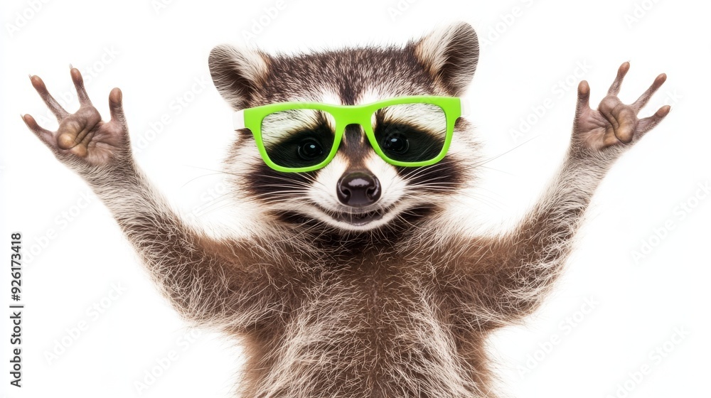 Fototapeta premium A cheerful raccoon wearing bright green sunglasses raises its arms in excitement, creating a lively and joyful image full of personality and playful spirit.