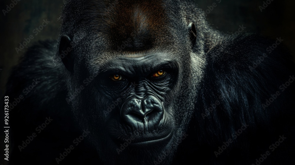 A striking portrait of a majestic gorilla bathed in intense lighting, highlighting its powerful presence and thoughtful gaze while contrasting against a dark background. A striking portrait of a majestic gorilla bathed in intense lighting, highlighting its powerful presence and thoughtful gaze while contrasting against a dark background.
