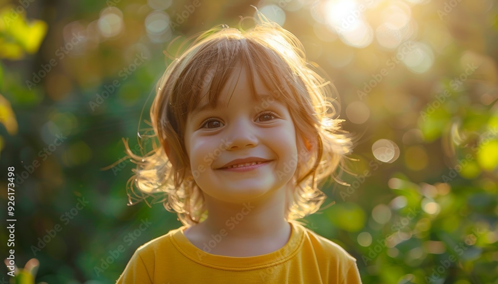 Joyful Smiling Child in Bright Yellow Shirt, Playing Outdoors with Blurred Greenery Background, Sunny Day, Happy Expression Joyful Smiling Child in Bright Yellow Shirt, Playing Outdoors with Blurred Greenery Background, Sunny Day, Happy Expression