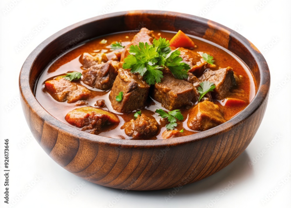 Hearty, slow-cooked beef goulash with rich, flavorful sauce, garnished with fresh parsley, served in a rustic bowl on a clean white background. Hearty, slow-cooked beef goulash with rich, flavorful sauce, garnished with fresh parsley, served in a rustic bowl on a clean white background.