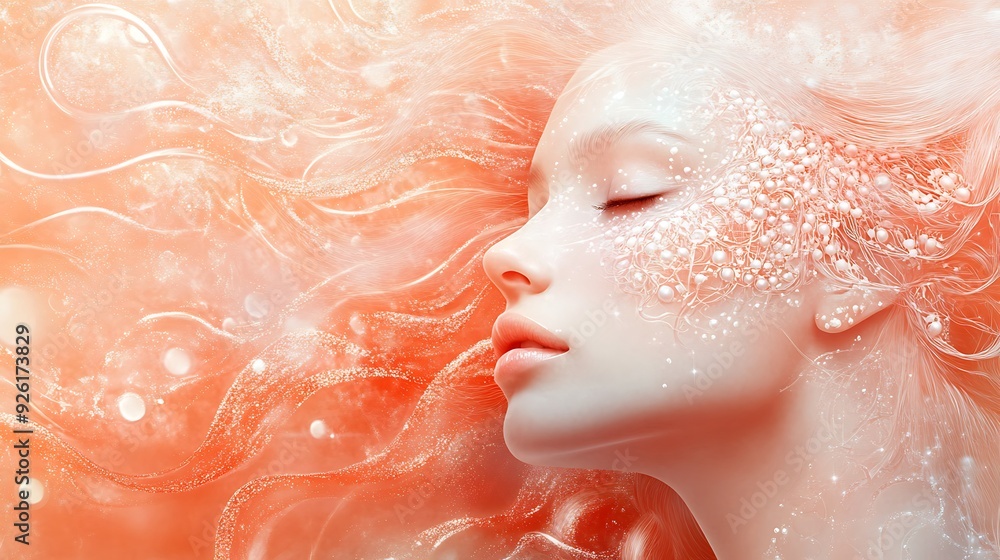 Fototapeta premium Ethereal Beauty: Graceful Woman with Coral Mist and Pearl Accents