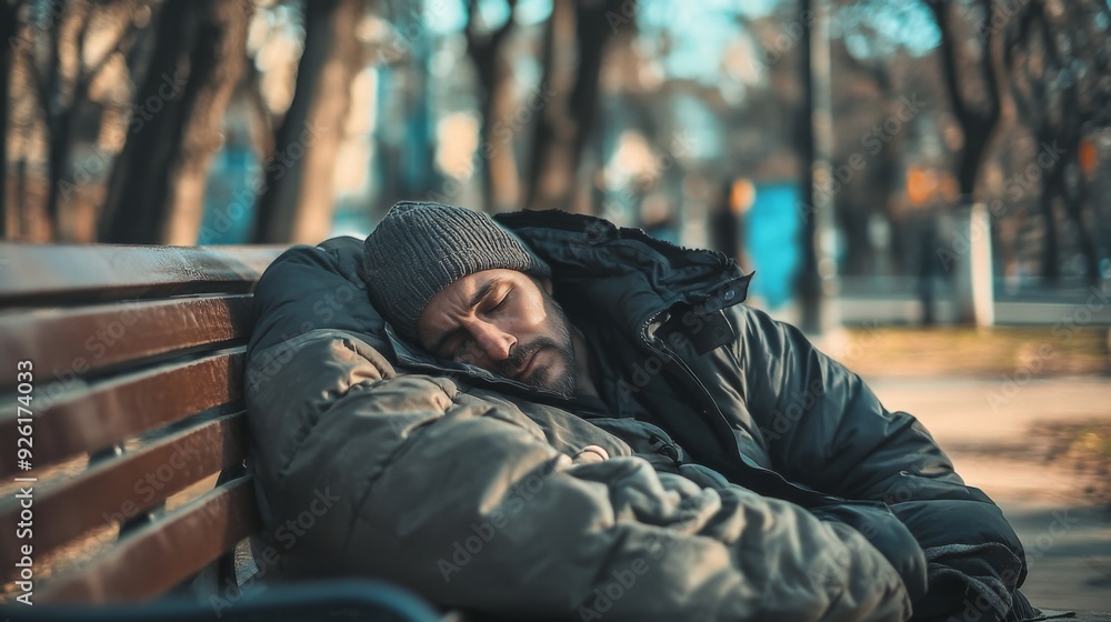 An individual resting on a bench in a park, dressed in thick winter clothing. The environment is cold but peaceful, reflecting the struggles and solitude of urban life. An individual resting on a bench in a park, dressed in thick winter clothing. The environment is cold but peaceful, reflecting the struggles and solitude of urban life.