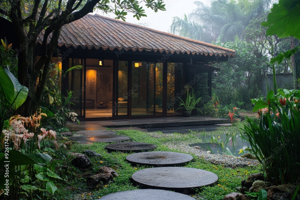 Fototapeta premium Minimalist Japanese-style house with a tiled roof and glass walls, surrounded by a zen garden with stepping stones and manicured bushes.
