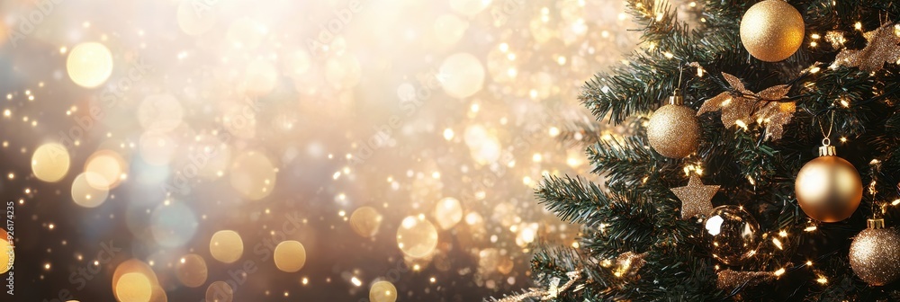 A Christmas Tree Adorned with Golden Ornaments and Lights A Christmas Tree Adorned with Golden Ornaments and Lights