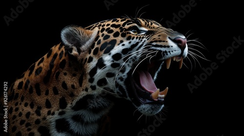 Side profile of a roaring jaguar highlights its sharp, powerful teeth and fierce expression, embodying the raw intensity and untamed spirit of the wild, captivating the observer.