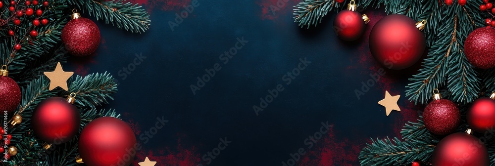 Red Christmas Ornaments and Pine Branches on a Dark Blue Background Red Christmas Ornaments and Pine Branches on a Dark Blue Background